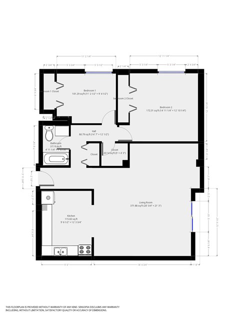 Floor plan for 2 beds, 1 bath, 965 sqft